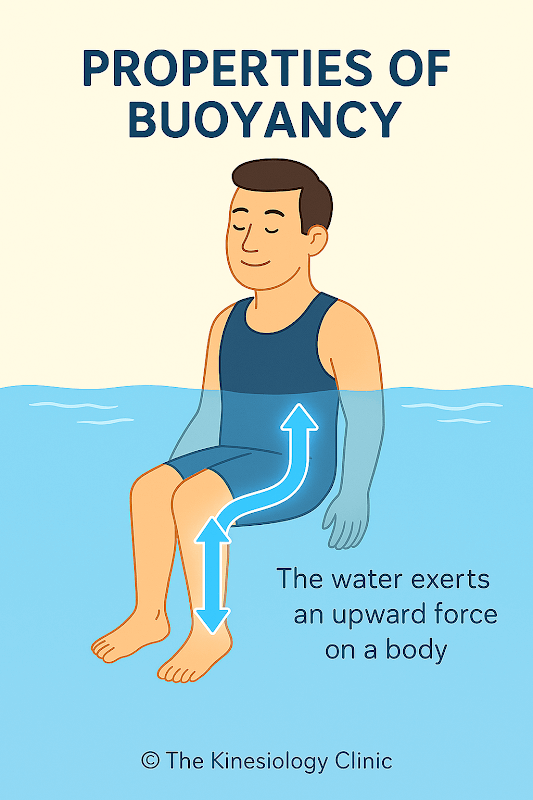 An illustration showing the buoyant force of water supporting a person's joints.
