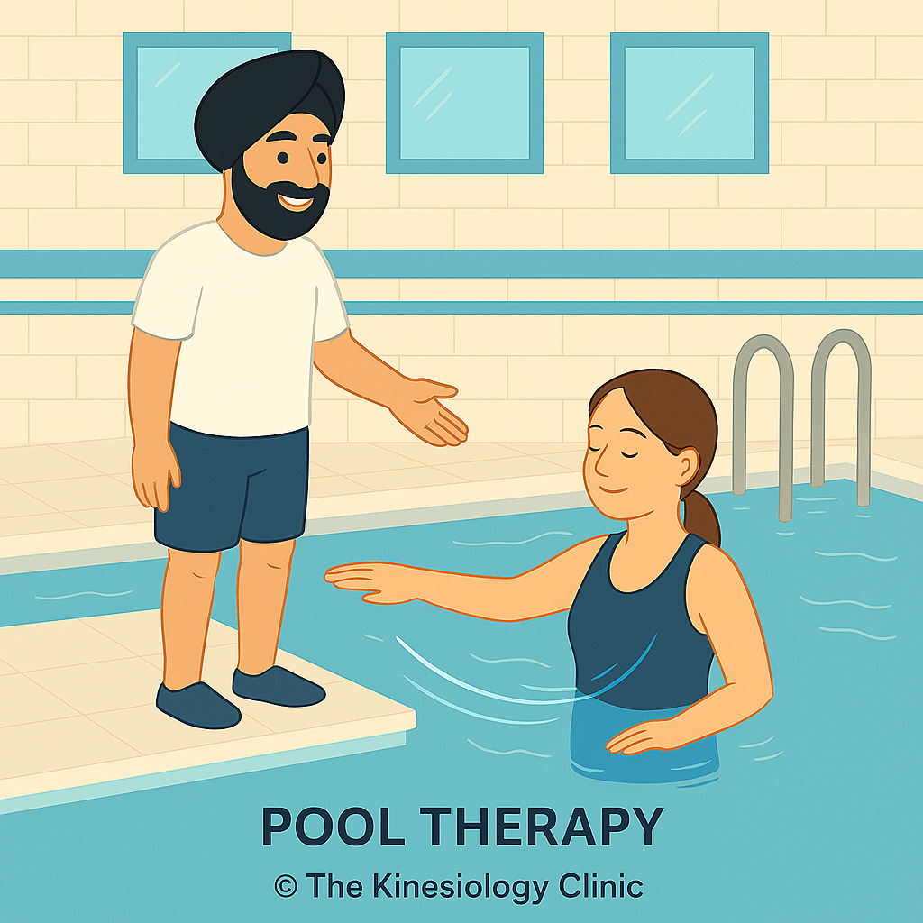 A cartoon illustration of a Sikh kinesiologist instructing a client in a pool for aquatic therapy.
