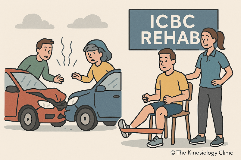 A graphic showing a car and a person recovering, representing ICBC Active Rehab.