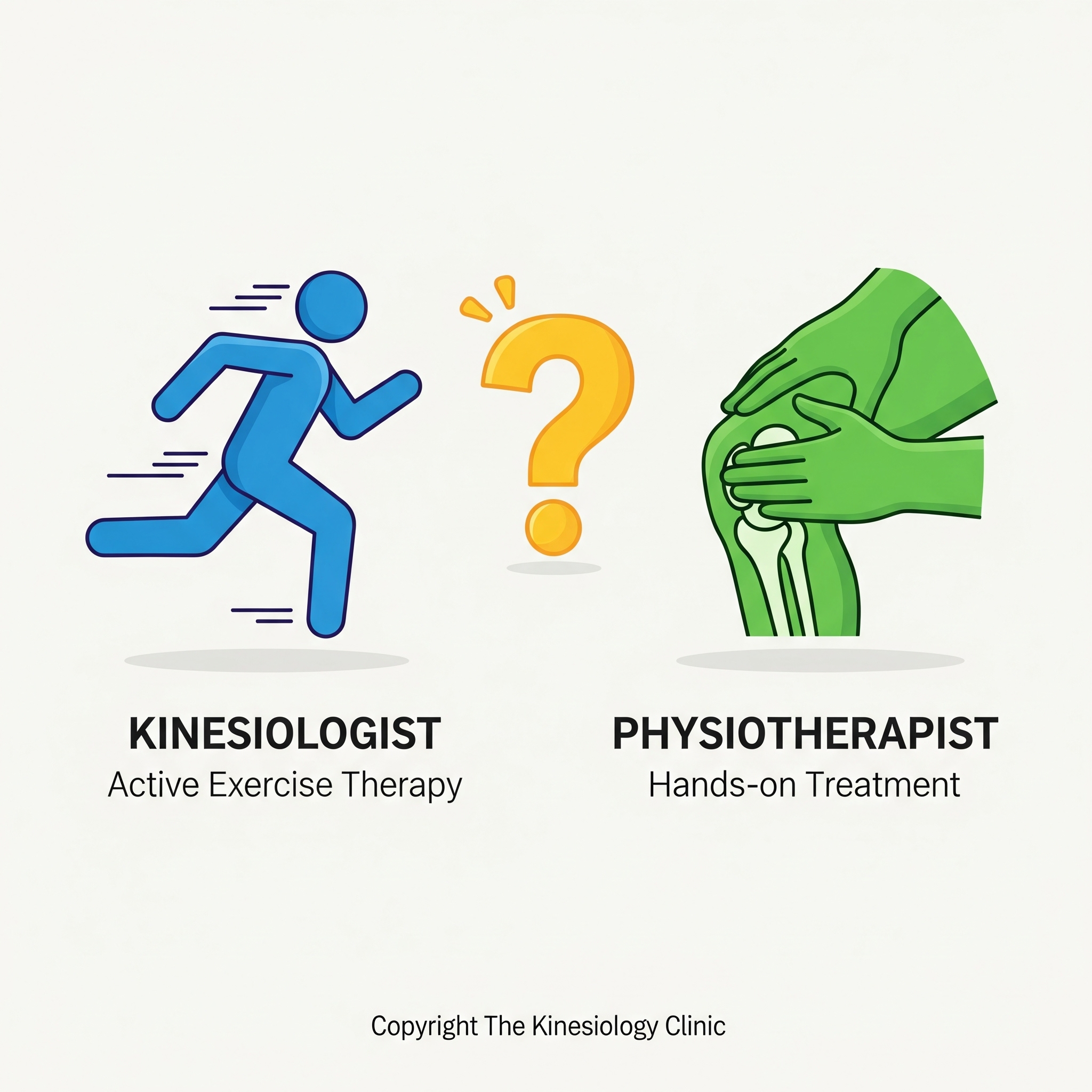A graphic showing two icons, one for kinesiology (movement) and one for physiotherapy (hands-on care), with a question mark between them.