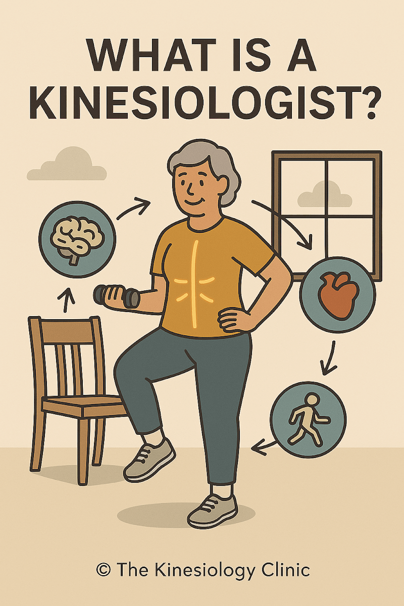 A stylized human figure showing the body's mechanics, representing kinesiology.